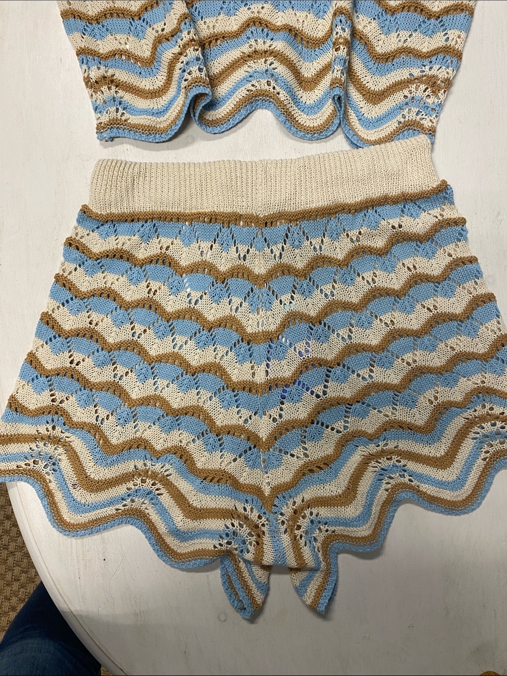 Cupshe Women’s Blue Tan & Cream Crochet Stripe Two-Piece Set - Picture 7 of 8